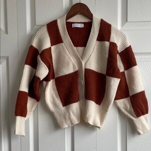 OAK + FORT Red and Cream Block Cardigan
